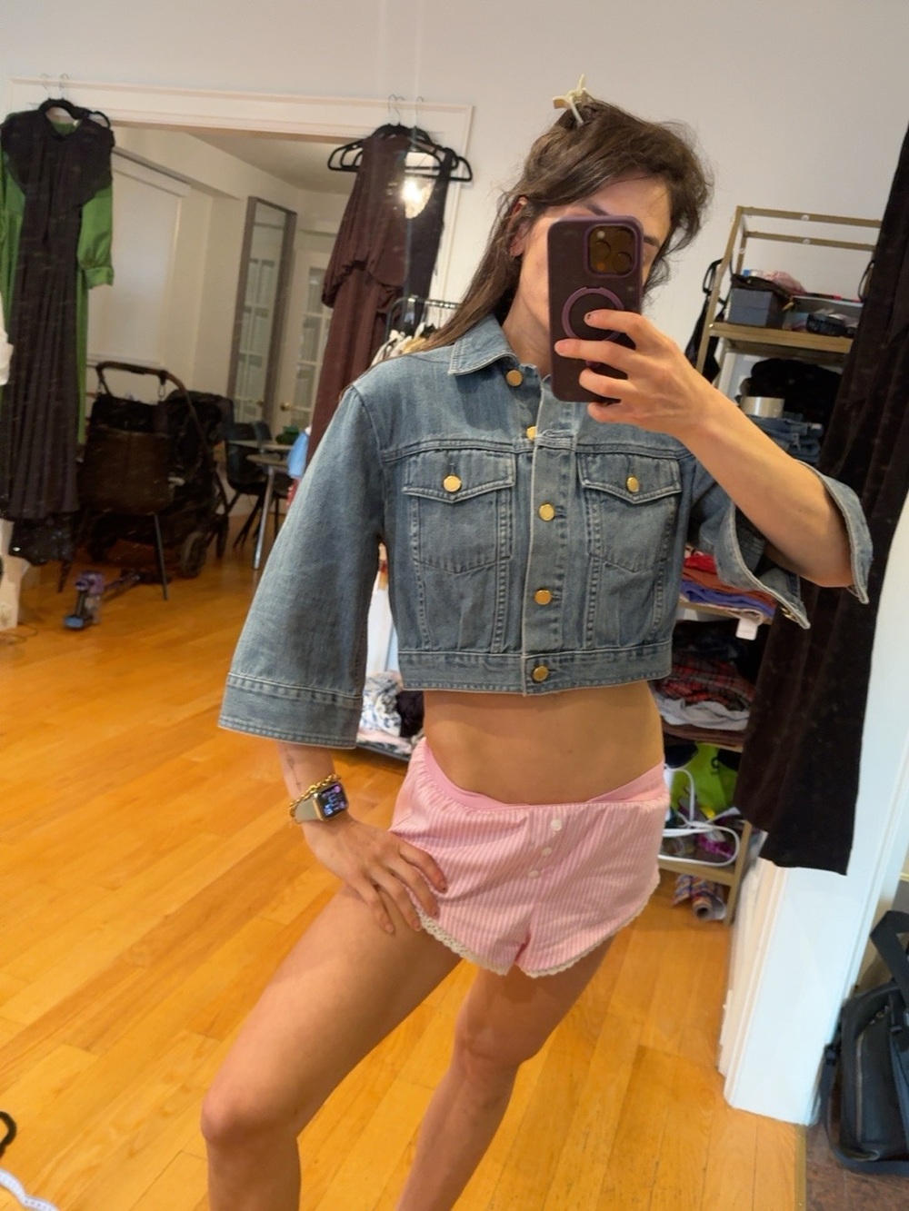 MICHAEL Michael Kors Cropped 3/4 Bell Sleeve Denim Jacket fits big